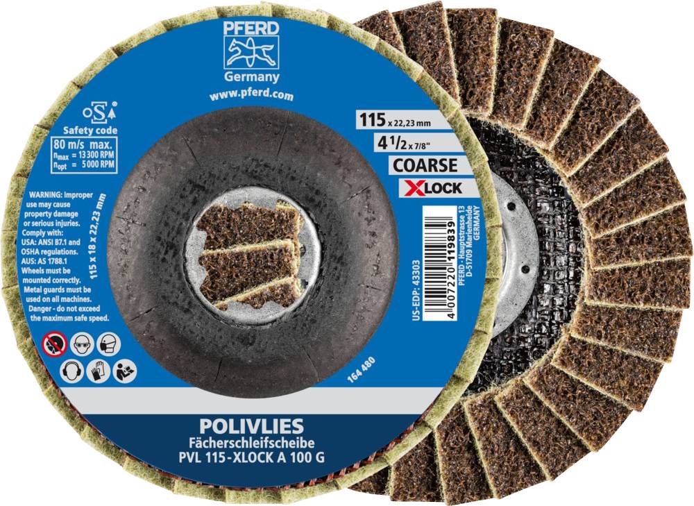 A fan flap disc by PFERD, model 'POLIVLIES PVL 115-XLOCK A 100 G', with coarse grain. Suitable for a diameter of 115 mm.