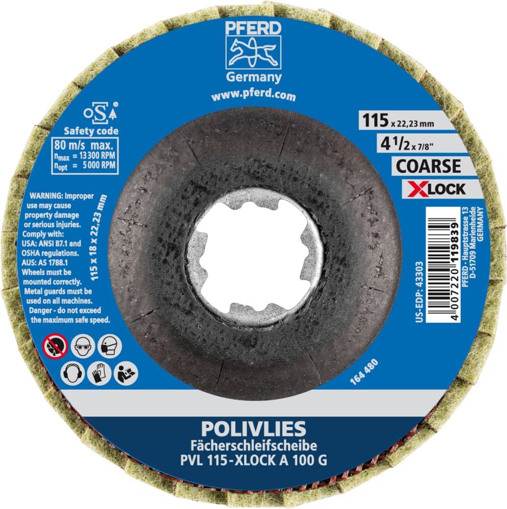 'Polivlies Fan Grinding Disc' by Pferd, suitable for XLock, 115 mm diameter, coarse grit, max. speed 80 m/s.