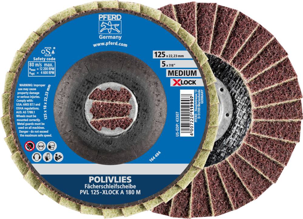 Flap disc with X-LOCK system by PFERD, suitable for angle grinders. Medium-coarse grinding, 125 mm diameter.