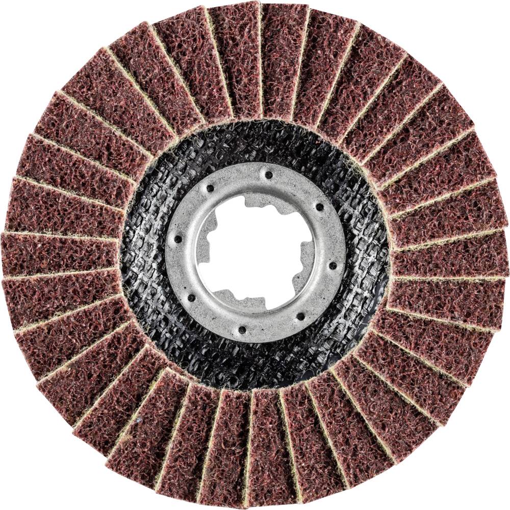 A grinding wheel made of coarse abrasive fabric, radially arranged around a metal central ring. Suitable for rough grinding work and surface treatment.