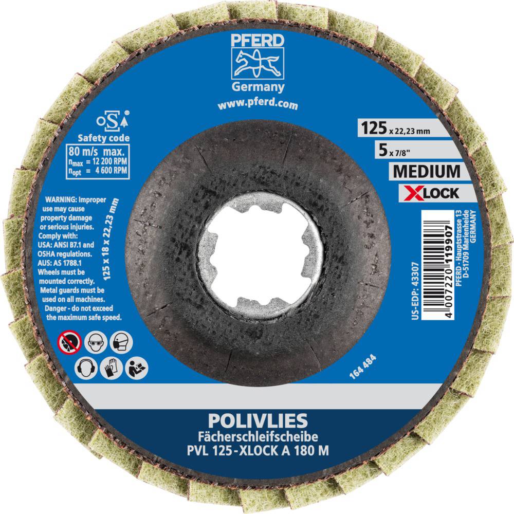 A flat grinding disc made of non-woven fabric, brand 'PFERD', suitable for grinding work. Diameter 125 mm, medium grit.