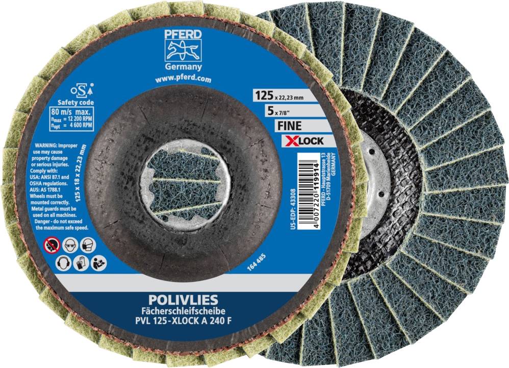 'Pferd Horse Polyvlies Fan Grinding Disc PVL 125 XLOCK A 240 F.' Front and rear view of the grinding disc, suitable for XLOCK system.