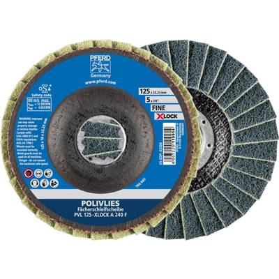 'Pferd Horse Polyvlies Fan Grinding Disc PVL 125 XLOCK A 240 F.' Front and rear view of the grinding disc, suitable for XLOCK system.