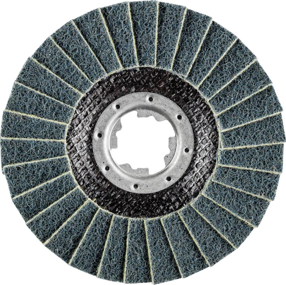 Grinding wheel with radially arranged lamellae made of abrasive paper, used for surface treatment in metalworking.