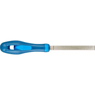 A flat file with a blue plastic handle for working on metal surfaces.