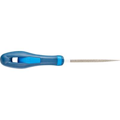 Blue plastic handle with integrated metal triangular key, a typical tool for precise cutting or filing work.