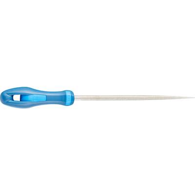 A tool with a blue handle and a sharp metal tip, typical for work such as leather or woodworking.