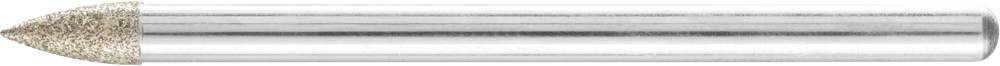 'A cylindrical, metal-coloured nail file with a pointed, speckled tip.'