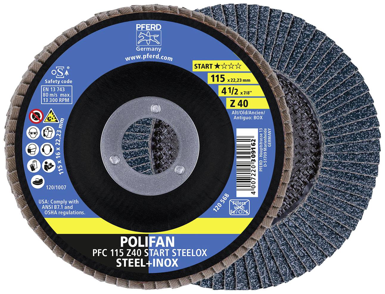 Grinding disc with inscription 'POLIFAN PFC 115 Z40 START STEELOX'. Suitable for steel, stainless steel. Diameter: 115 mm. Manufacturer logo and safety information displayed.