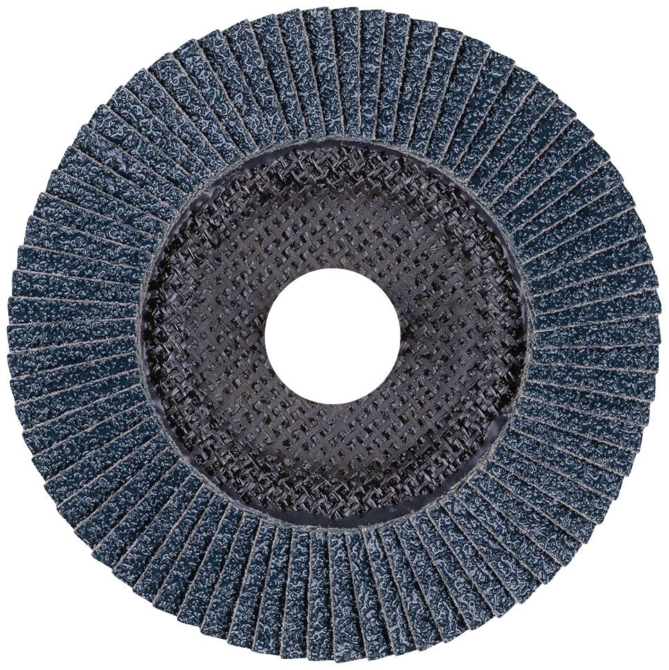 Abrasive disc with lamellar structure, typically used for metalworking and woodworking. Circular design with central hole.