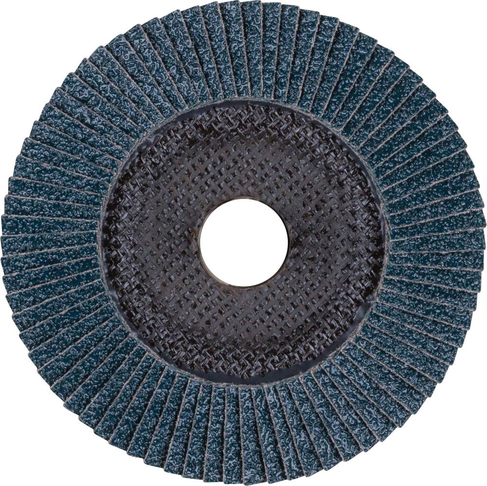A blue sanding disc with concentrically arranged flaps. Suitable for grinding metal and wooden surfaces.