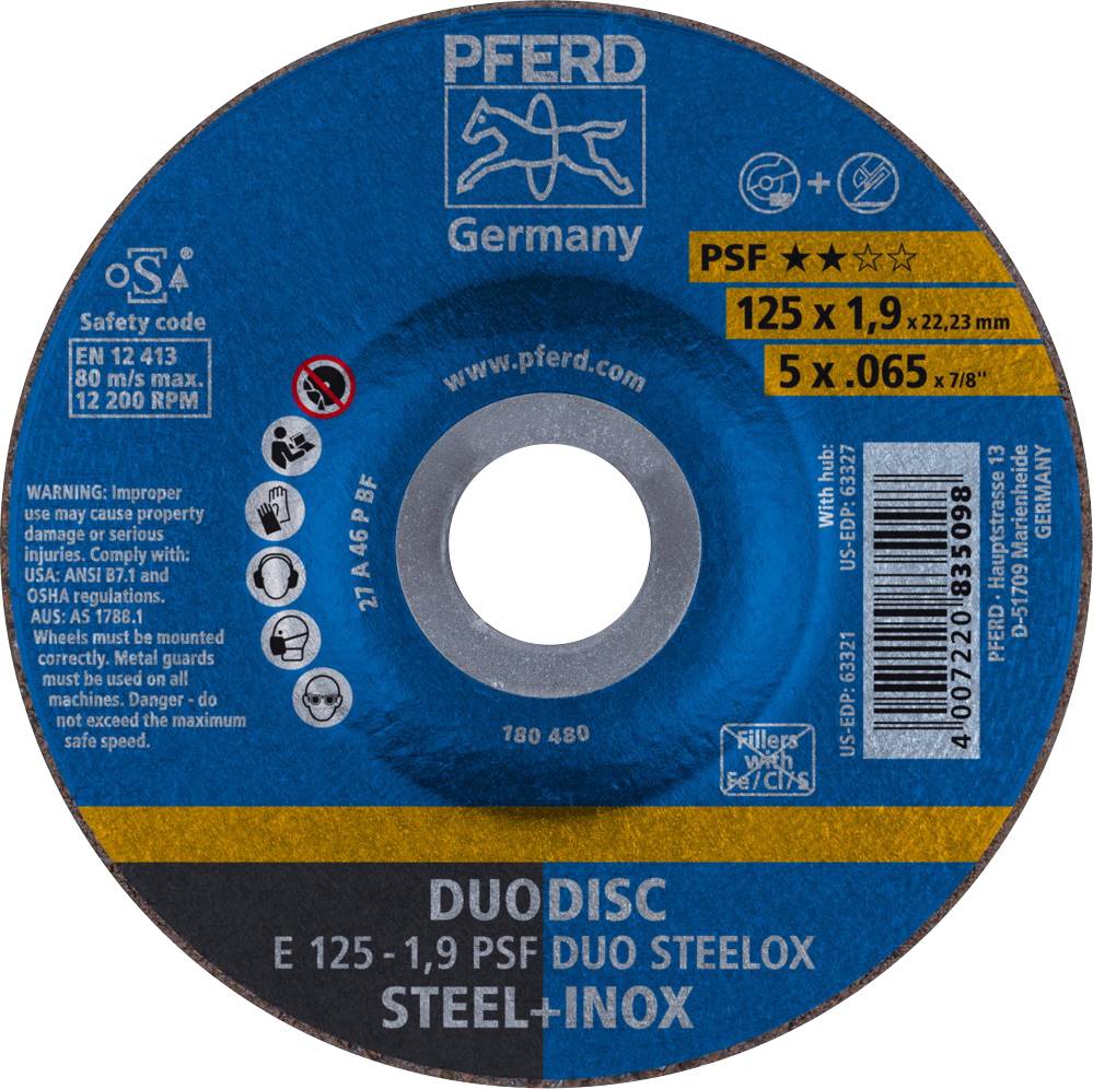 PFERD TOOLS 62012630 E 125-1,9 PSF DUO STEELOX Grinding disc (off-set) Diameter 125 mm Bore diameter 22.23 mm 10 pc(s)-0