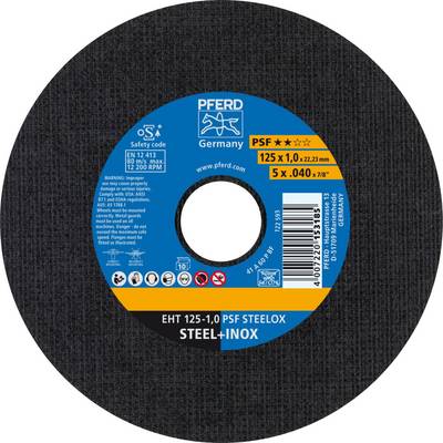 Grinding disc with inscription 'EHT 125-1.0 PSF STEELOX'. Notes on size and usage. Manufacturer: PFERD Germany.