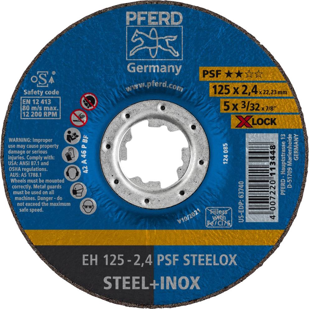 'PFERD cutting disc for steel and stainless steel, 125 x 2.4 mm, max. 80 m/s, 12,200 rpm, with X-LOCK, OSA approved, for use on angle grinder.'
