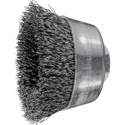 Steel circular wire brush with dense bristles for drill machines. Used for grinding or removing rust and paint.