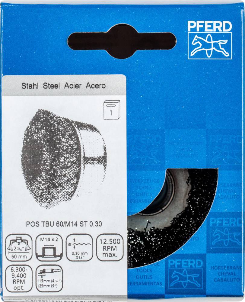 'Metal grinding disc for steel, illustrated with specifications: diameter 60 mm, rotational speed 12,500 RPM, M14 x 2 thread.'