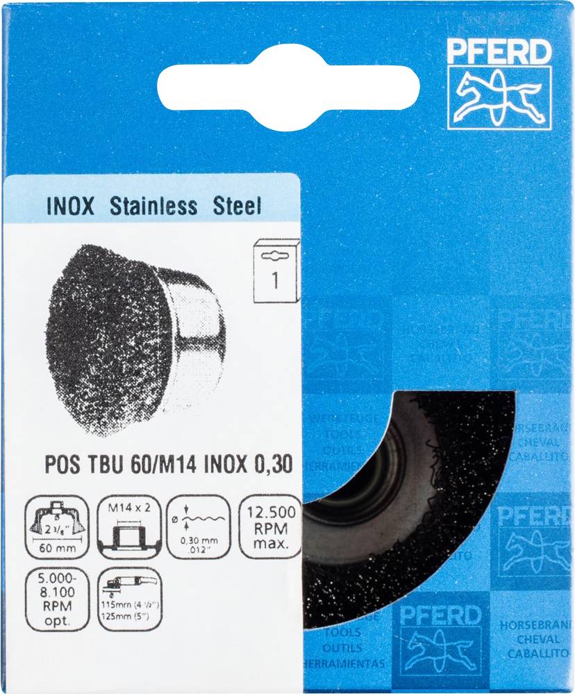 Packaging for a grinding disc for stainless steel, brand PFERD. Details: 60 grit, maximum speed 12,500 rpm, diameter 115 mm.