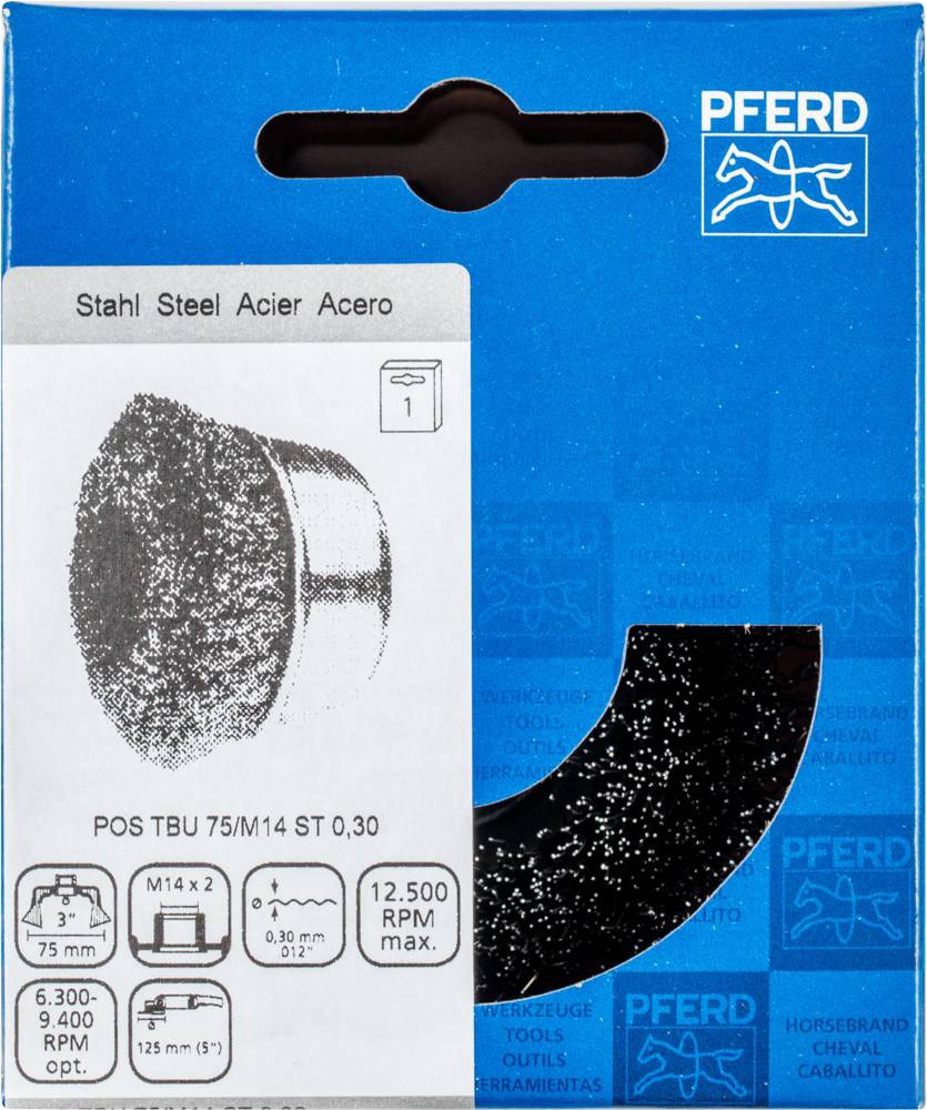 'Packaging for a steel grinding disc, Pferd brand. Details: Diameter 75 mm, M14 x 2, maximum speed 12,500 rpm.'