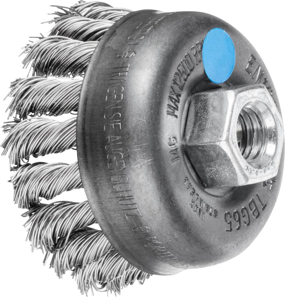 A round steel wire brush attachment with twisted bristles. Suitable for cleaning or removing rust from metal surfaces.