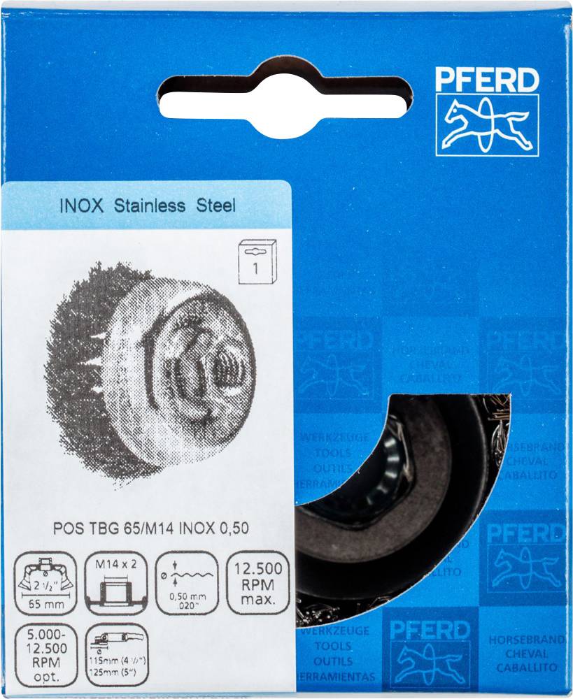 Uniform stainless steel wire brush head in a blue package with technical drawing. Suitable for M14 thread up to 12,500 rpm.