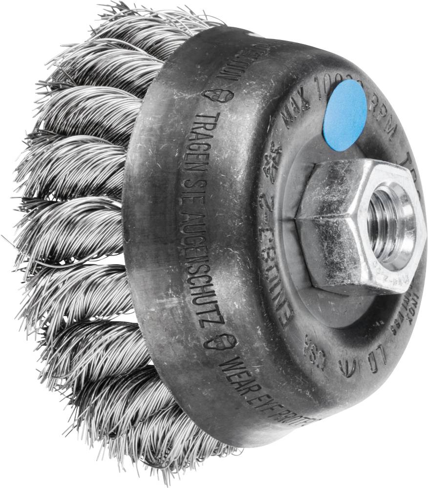 Steel wire brush attachment with spiralised bristles for cleaning or rust removal, suitable for drill machines.