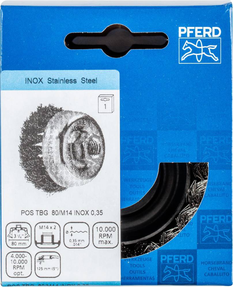 Packaging for a PFERD stainless steel brush, featuring a technical diagram and specifications including diameter, thread size, and rotational speed.