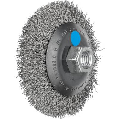 A circular wire brush with metal bristles. It is used to clean surfaces or remove rust.