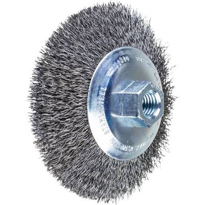 Steel wire brush with wire bristles and hexagonal shank, used for cleaning and roughening metal surfaces.