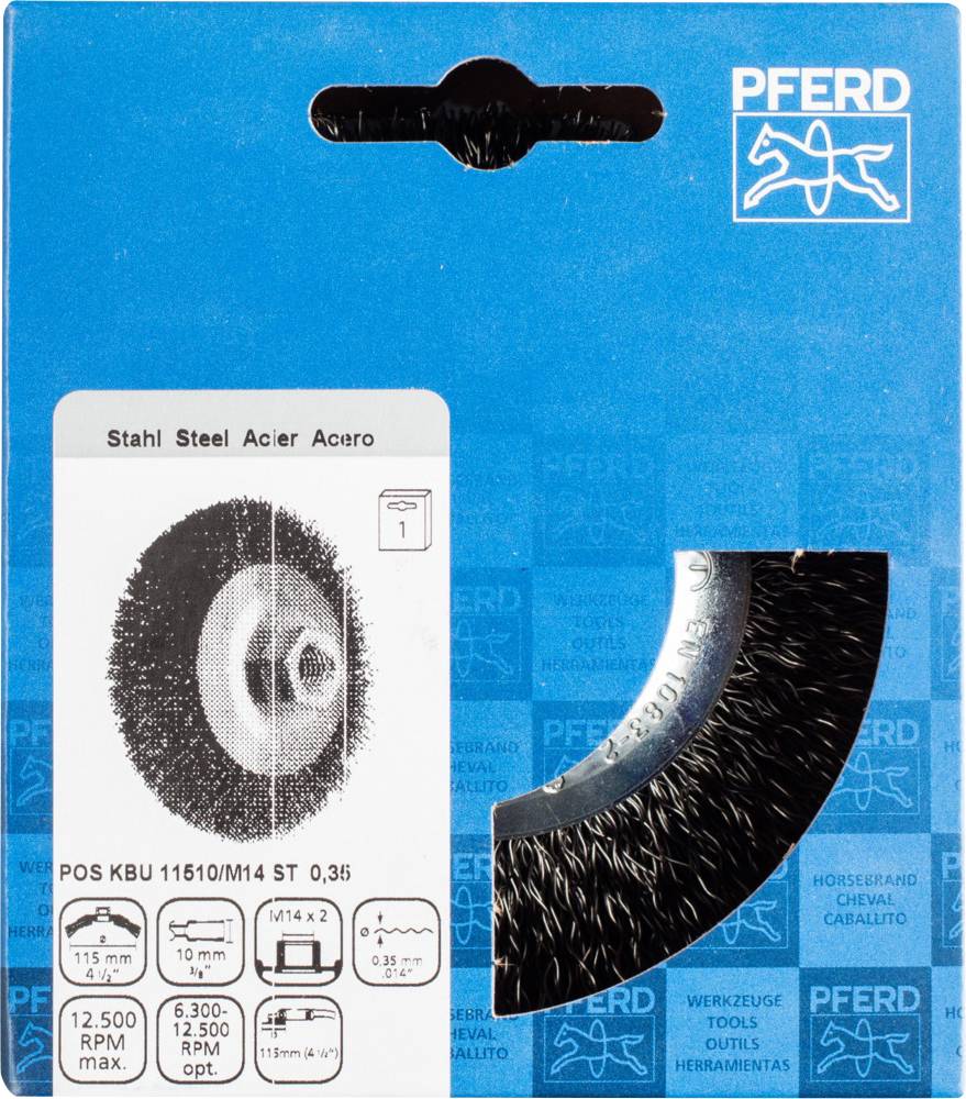 Packaging for a PFERD steel brush, Model POS KBU 11510/M14 ST 0.35. Displays an image of the brush and technical specifications including RPM values.