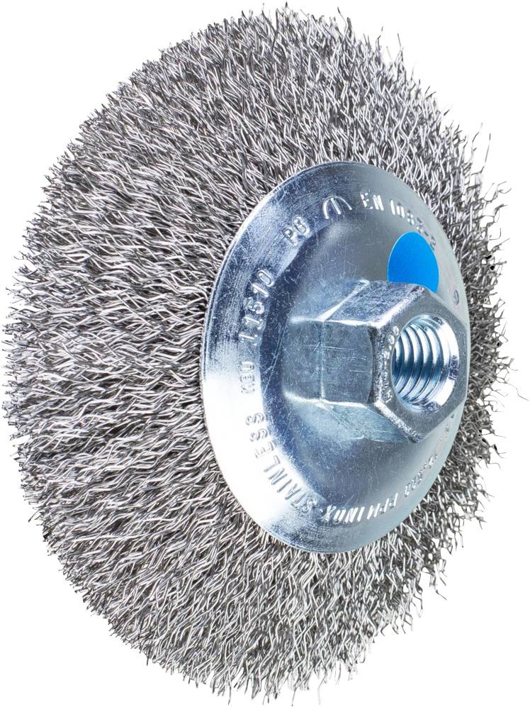 Wire brush wheel with metal bristles and threaded connection, suitable for surface cleaning and removing rust and paint.