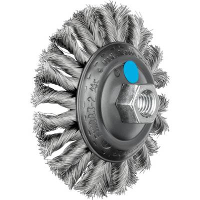 Wire brush with metal bristles and a central screw attachment, suitable for deburring, cleaning or polishing surfaces.