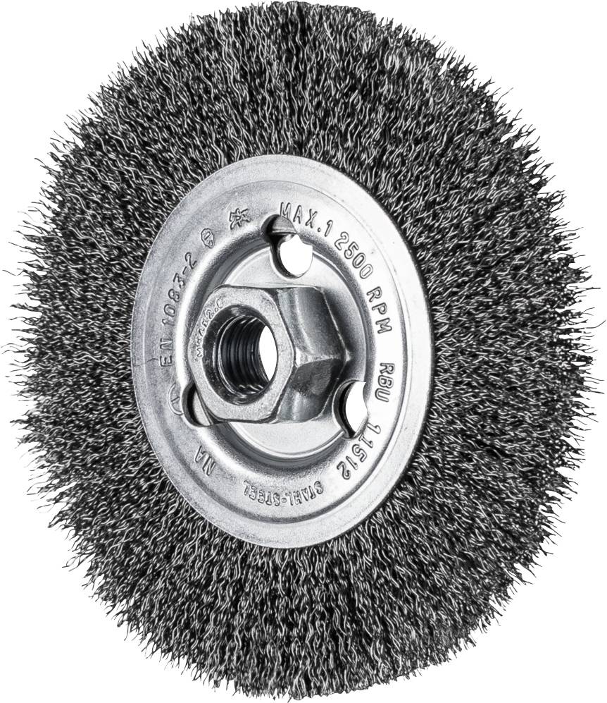 Steel wire brush wheel, round and rotatable, with metal bristles and thread in the centre, suitable for grinding machines.