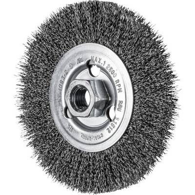 Steel wire brush wheel, round and rotatable, with metal bristles and thread in the centre, suitable for grinding machines.