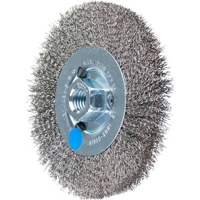 A round wire brush with a metal thread in the centre, used for cleaning or removing rust from metal surfaces.