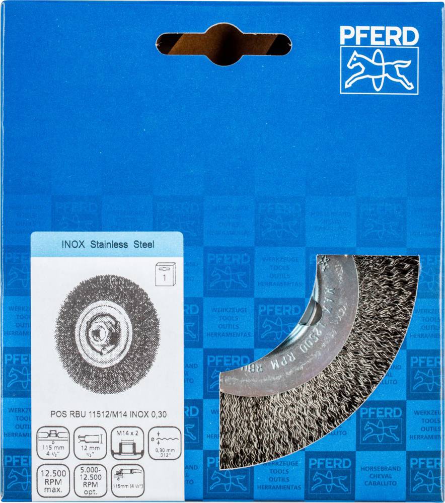 Product packaging for a 'Horse' steel wire brush, featuring a blue background. Displays an image and technical specifications of the brush.