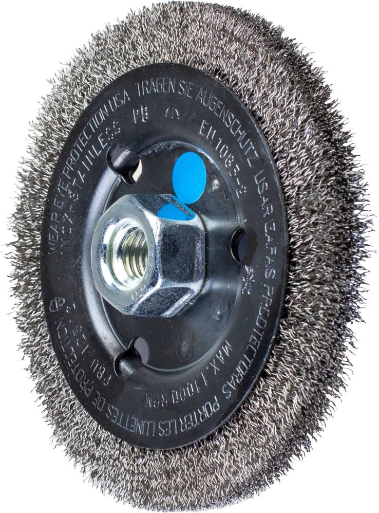 Wire brush attachment with metal disc and fixing nut, suitable for use on grinding machines for surface cleaning.