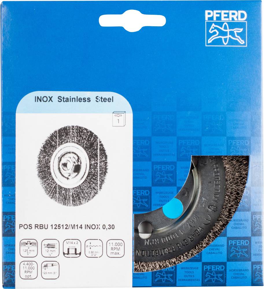 Packaging of an INOX Stainless Steel Brush Disc by PFERD with Technical Specifications and Safety Instructions.