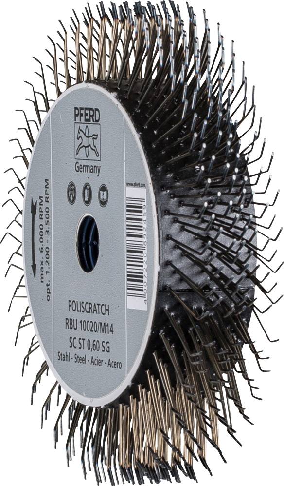 A rotating brush roller with wire bristles, suitable for deburring or cleaning surfaces. The label shows specifications.