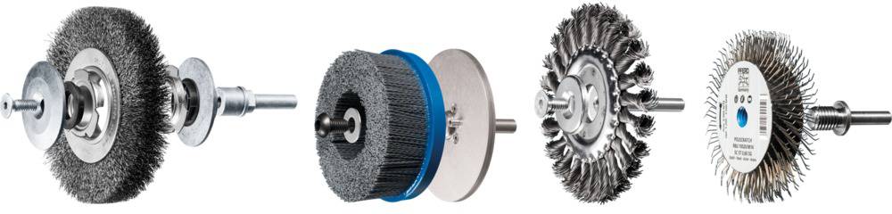 Four different wire brush attachments in a row, each demonstrating distinct shapes and bristle types for various applications.
