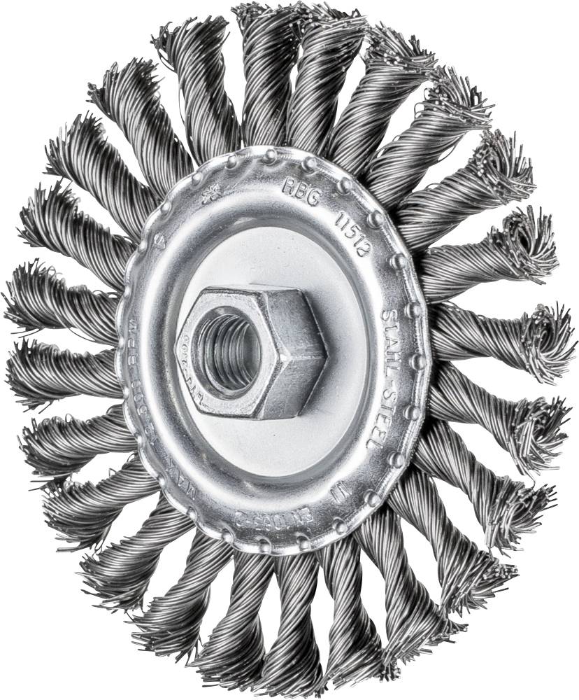 Round wire brush with twisted steel wires and a central nut for fixing. Suitable for metal cleaning work.