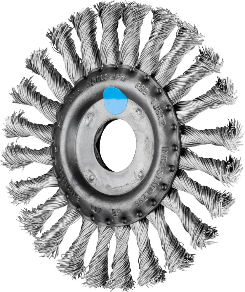 Round steel brush with metal bristles and a blue dot on the central metal ring. Used for metal cleaning and polishing.