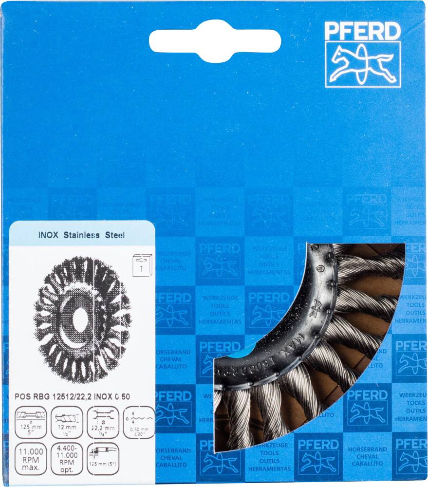 A packaging containing a stainless steel wire brush. The brand name 'PFERD' is visible. Technical details and specifications are shown.