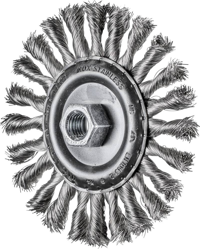 'Wire brush attachment with twisted steel bristles. Suitable for surface cleaning and rust removal on metallic materials.'