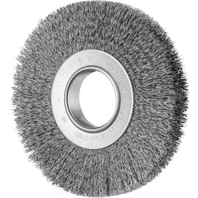 'Steel wire brush with round shape, suitable for removing rust or paint from metal surfaces.'