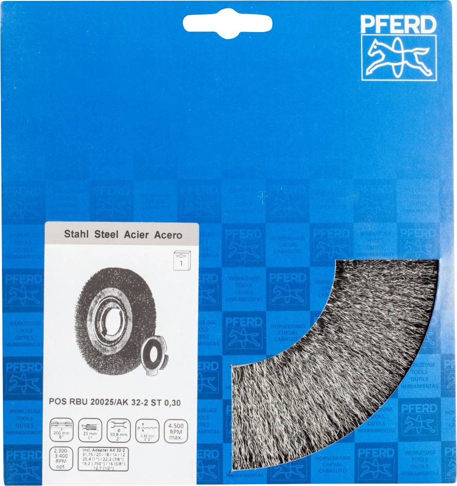 'Wire brush disc for angle grinder, suitable for steel processing. Brand logo positioned top right. Packaging designed in blue tones.'