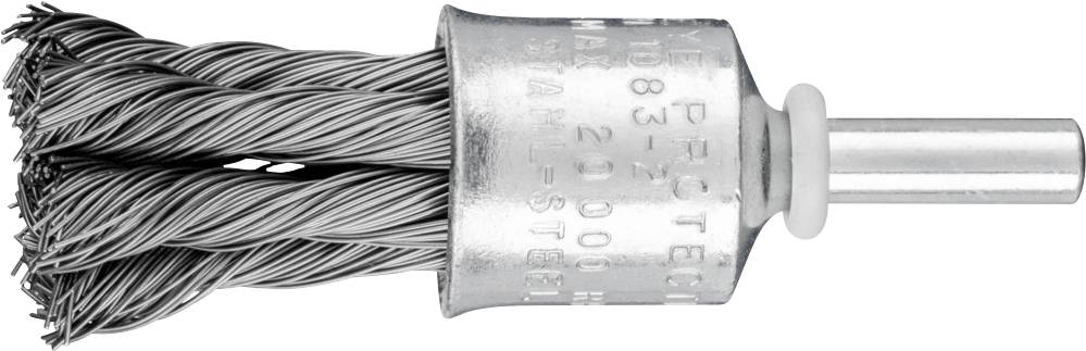 Metal wire brush with twisted wire bundles, suitable for removing rust or paint from surfaces.