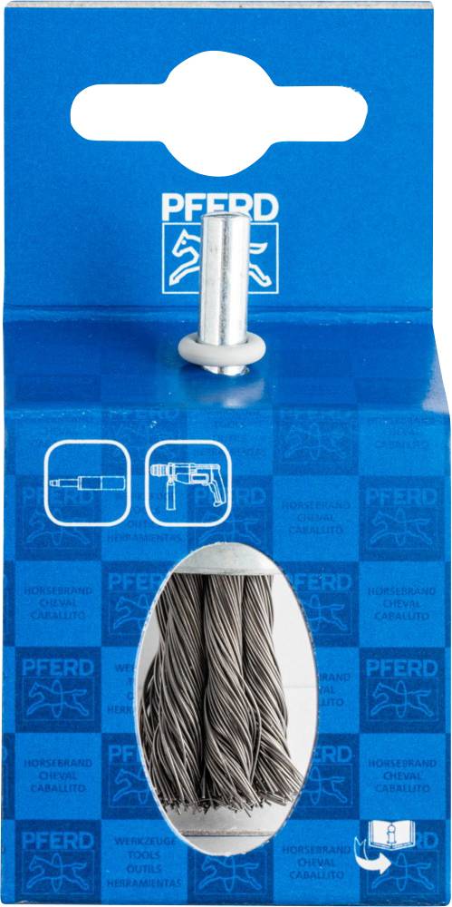 A packaging for a wire brush by the brand 'PFERD', pictured with a blue background and logos, shows a detailed view of the brush.