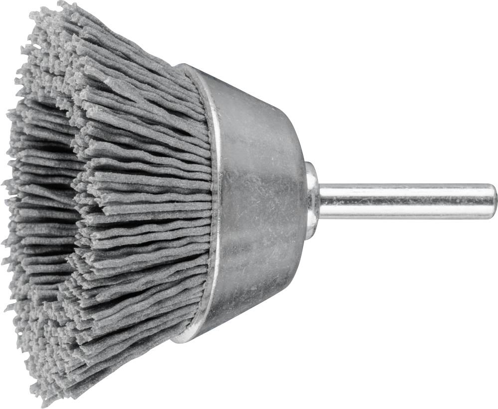 A conical wire brush with metal bristles, attached to a metal shaft. Suitable for polishing or removing rust from surfaces.