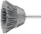 A conical wire brush with metal bristles, attached to a metal shaft. Suitable for polishing or removing rust from surfaces.