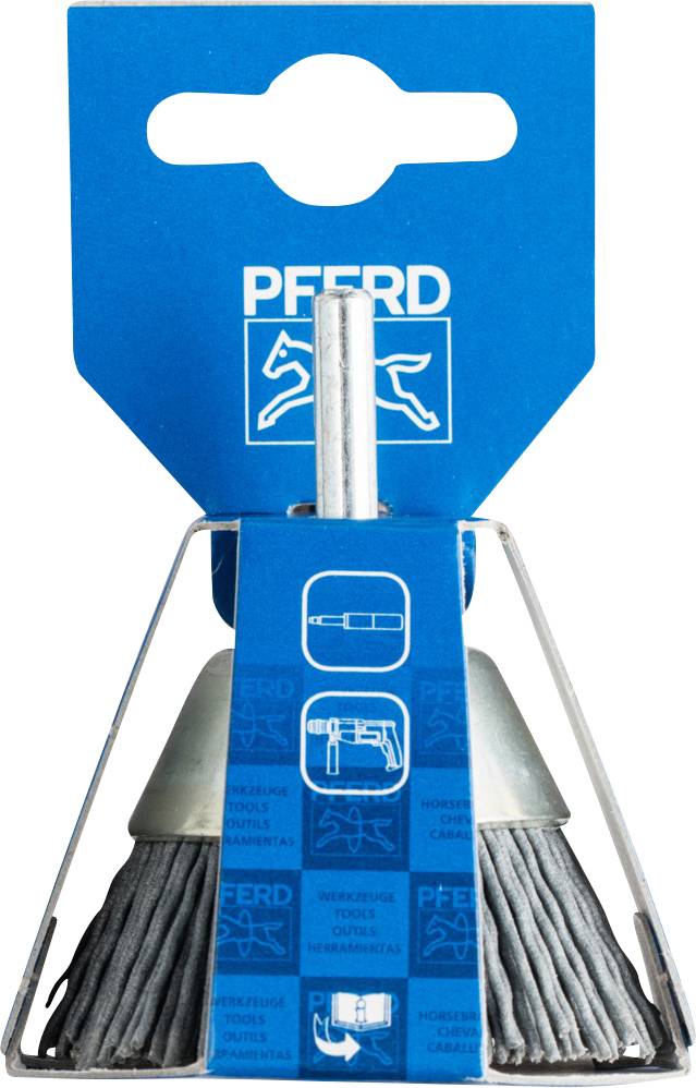 A 'Pferd' wire brush attachment, conically shaped, packaged in a blue cardboard box with logo and product information.